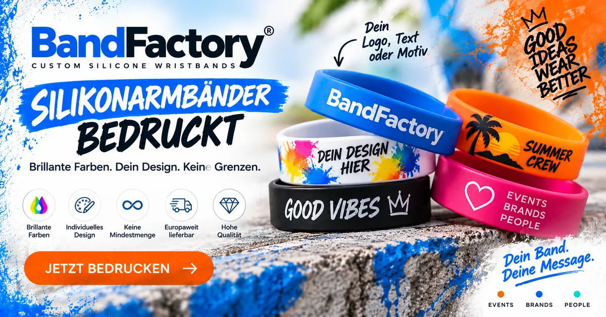 Silikonarmbänder bedrucken mit Logo, Text oder Motiv – bedruckte Armbänder in Blau, Weiß, Schwarz, Orange und Pink von BandFactory