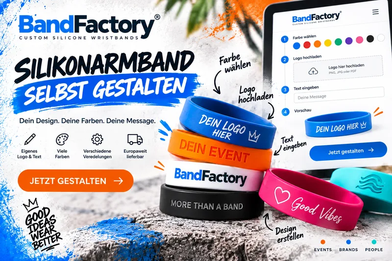 Silikonarmband selbst gestalten im Online-Konfigurator von BandFactory: Farbe wählen, Logo hochladen, Text eingeben und Vorschau ansehen