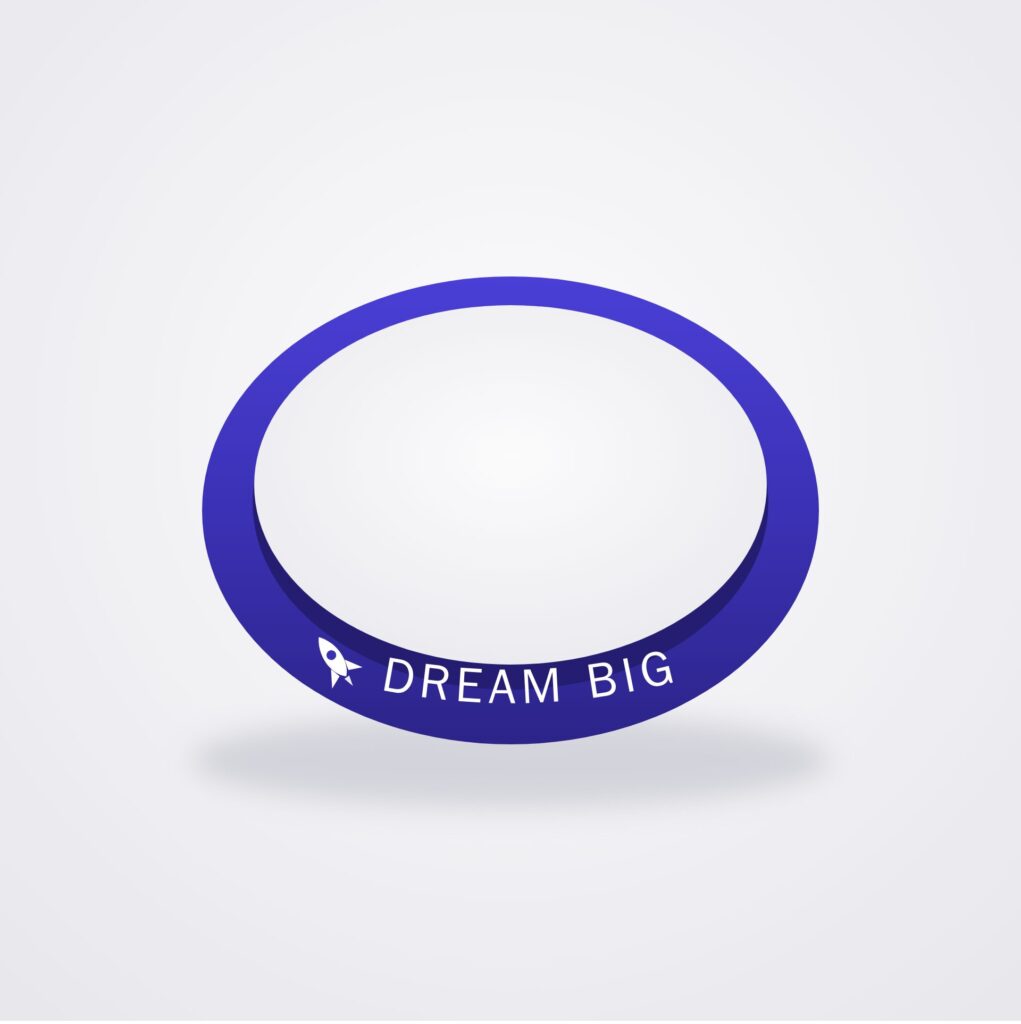 Silikonarmband-Vorlage Dream Big: Indigo-Band mit Rakete und Schriftzug DREAM BIG (Vektor-Design)