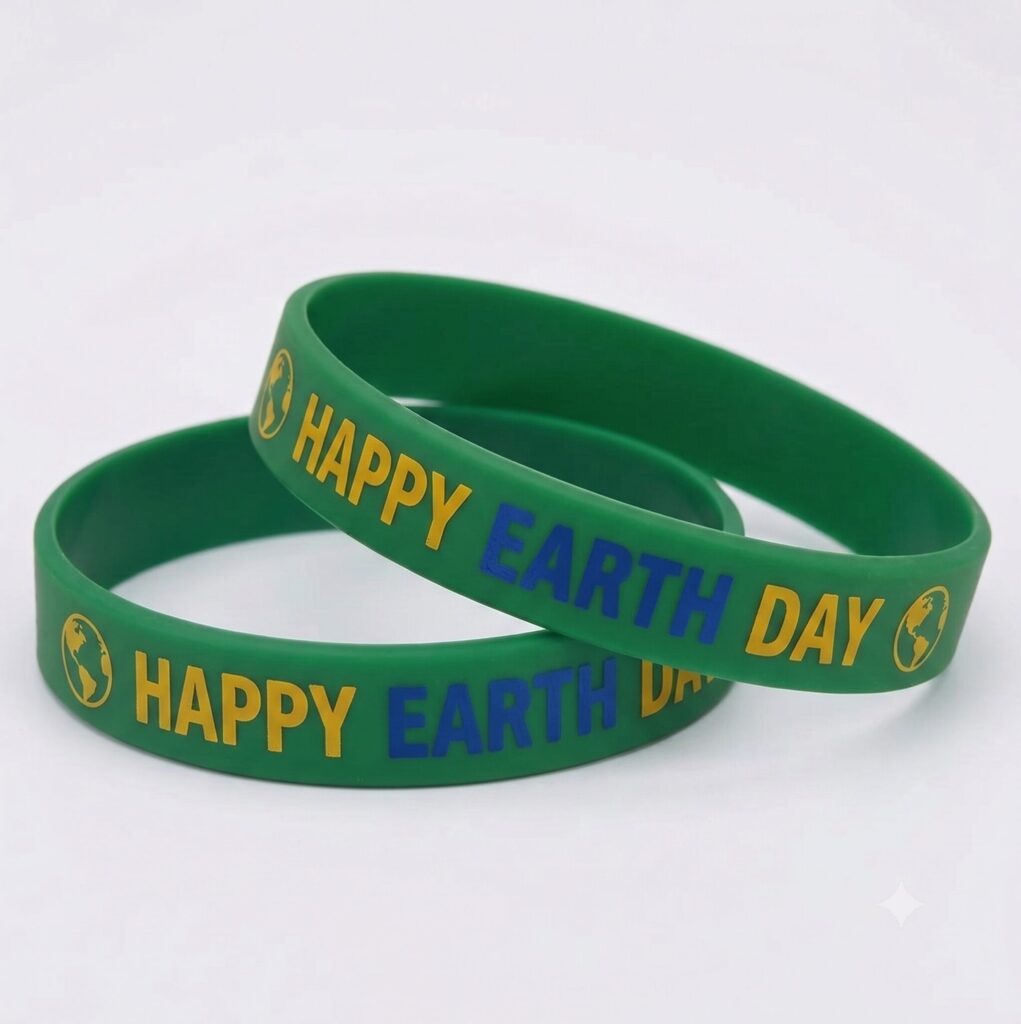 Silikonarmband-Vorlage Earth Day: grünes Band mit Erdkugel-Symbol und Schriftzug HAPPY EARTH DAY