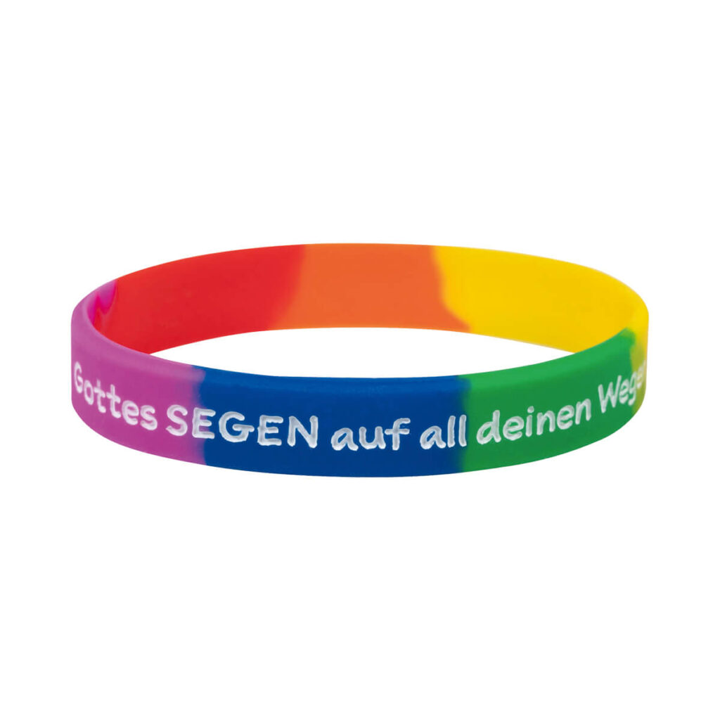 Silikonarmband-Vorlage Gottes Segen: Regenbogen-Band mit weißem Schriftzug Gottes SEGEN auf all deinen Wegen