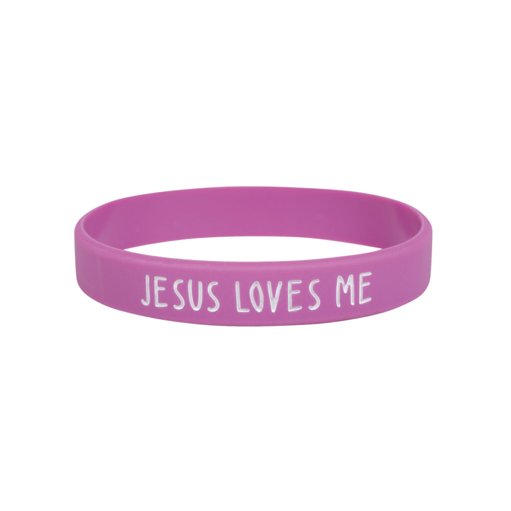 Silikonarmband-Vorlage Jesus Loves Me: lila Band mit weißem Schriftzug