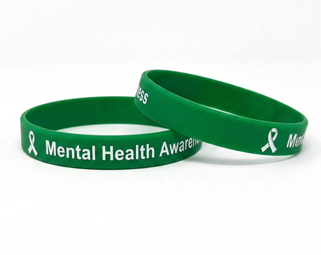 Silikonarmband-Vorlage Mental Health Awareness: grünes Band mit weißer Awareness-Schleife und Schriftzug