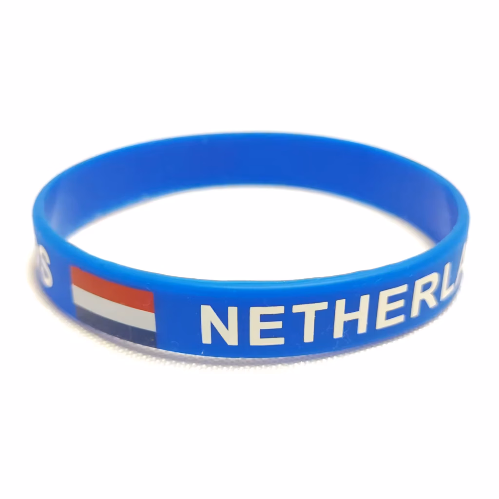Silikonarmband-Vorlage Niederlande: blaues Band mit Niederlande-Flagge und Schriftzug NETHERLANDS