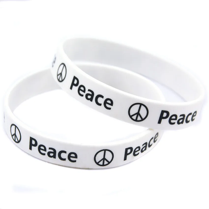 Silikonarmband-Vorlage Peace: weißes Band mit schwarzem Schriftzug und Peace-Zeichen
